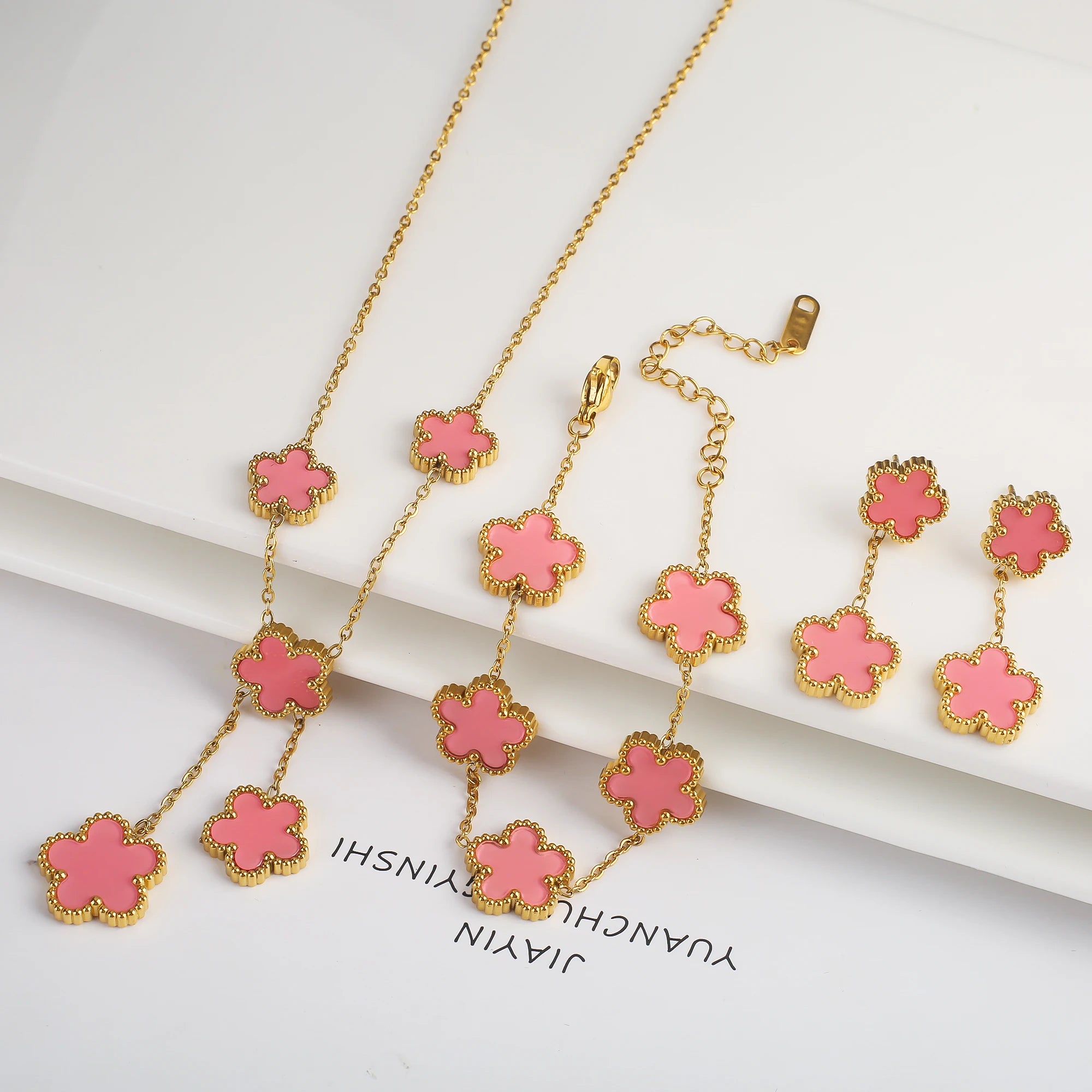 18k Gold Plated Clover Jewelry Set - Necklace Earrings Bracelet