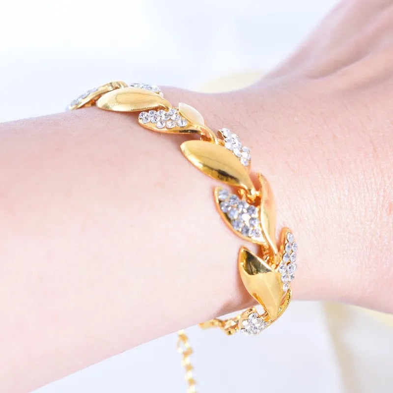 Gold Hip Hop Leaf Bracelet - Crystal Stone Pendant Jewelry