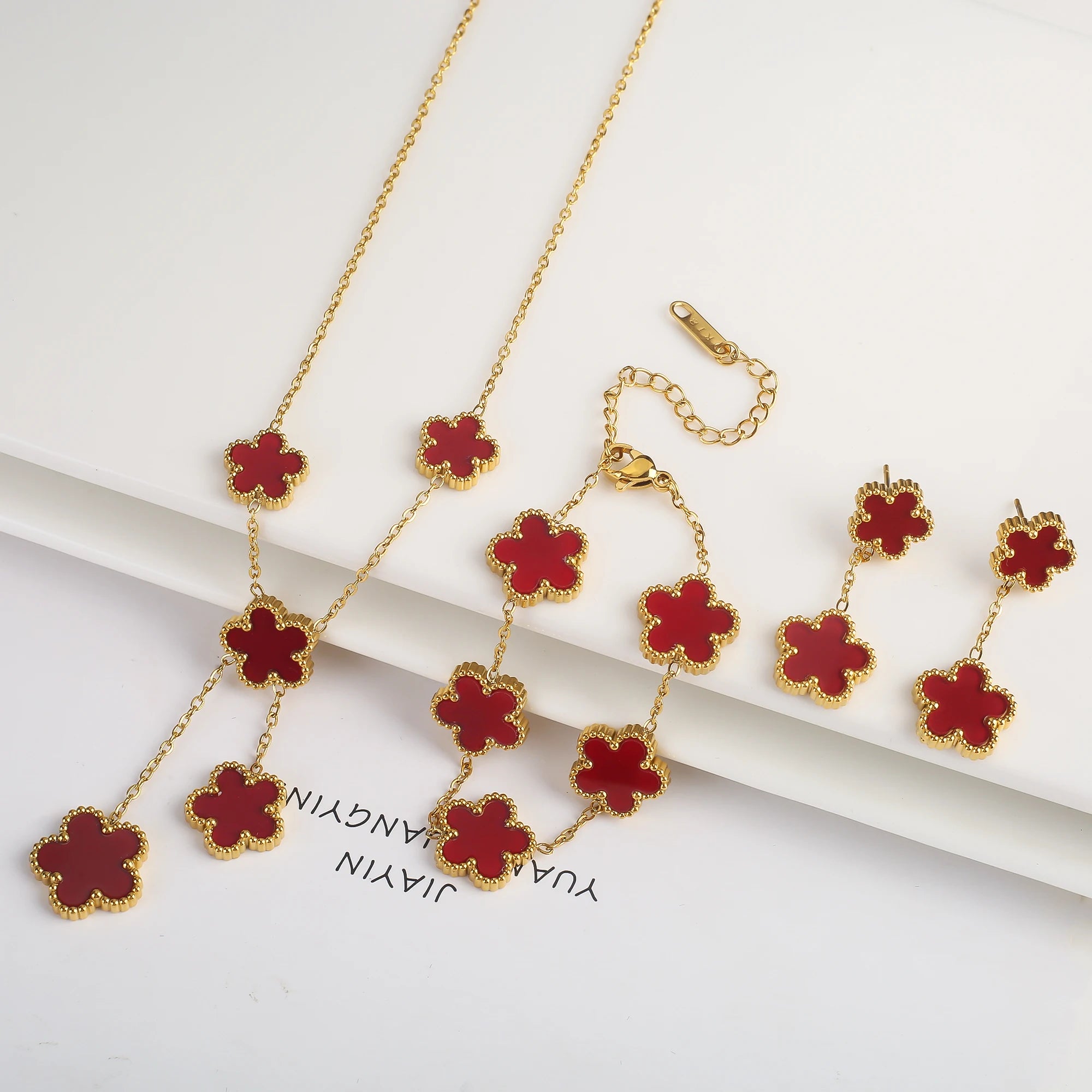 18k Gold Plated Clover Jewelry Set - Necklace Earrings Bracelet