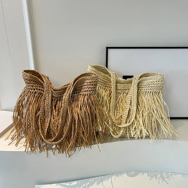 Casual Tassel Woven Women Shoulder Bags Handmade Fringe Lady Handbags Summer Beach Large Tote Bag Shopper Purse for Vacation