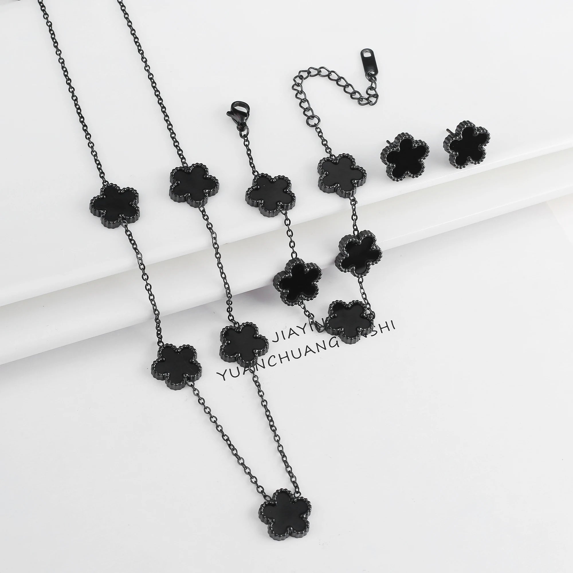 18k Gold Plated Clover Jewelry Set - Necklace Earrings Bracelet