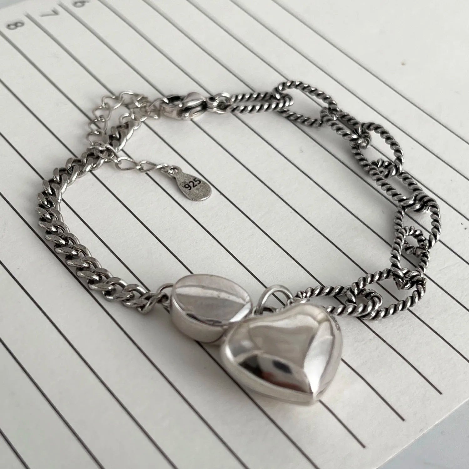 100% Solid 925 Sterling Silver Retro Bracelet for Women Men Vintage Handmade Heart Bracelet Birthday Gift