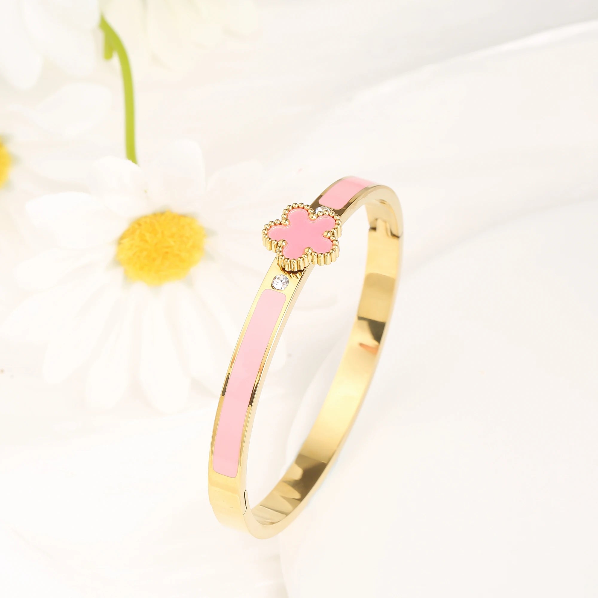 6 Colors Classic Luxury Stainless Steel Five Leaf Flower Open Bangle Simple for Woman Girl Party Trend Enamel Jewelry  Clover