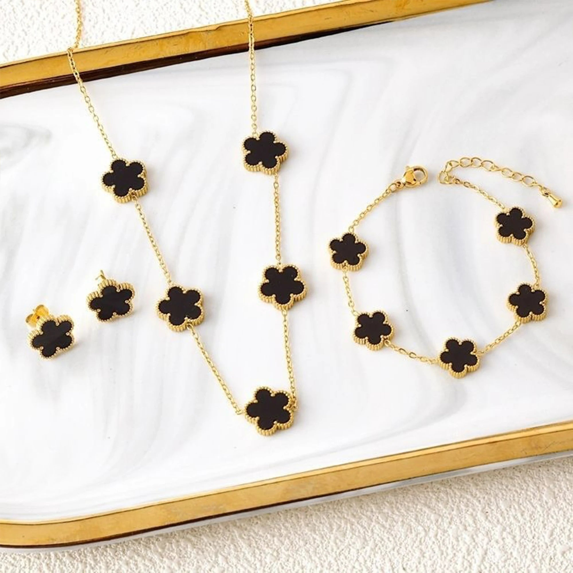 18k Gold Plated Clover Jewelry Set - Necklace Earrings Bracelet