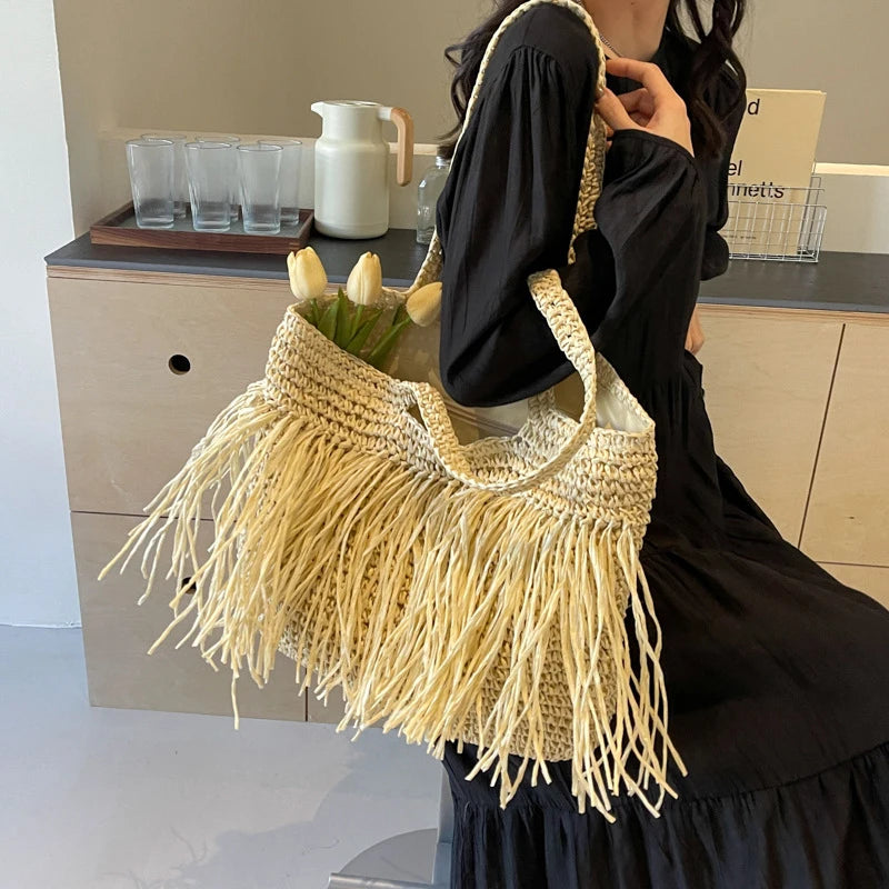 Casual Tassel Woven Women Shoulder Bags Handmade Fringe Lady Handbags Summer Beach Large Tote Bag Shopper Purse for Vacation