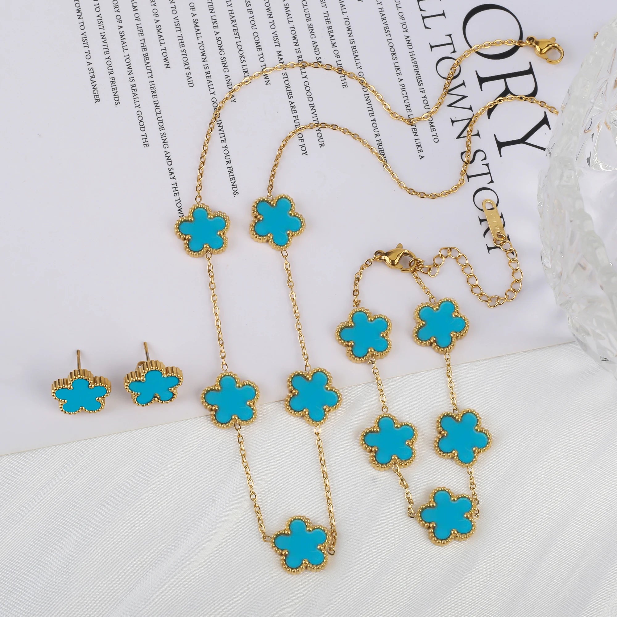 18k Gold Plated Clover Jewelry Set - Necklace Earrings Bracelet