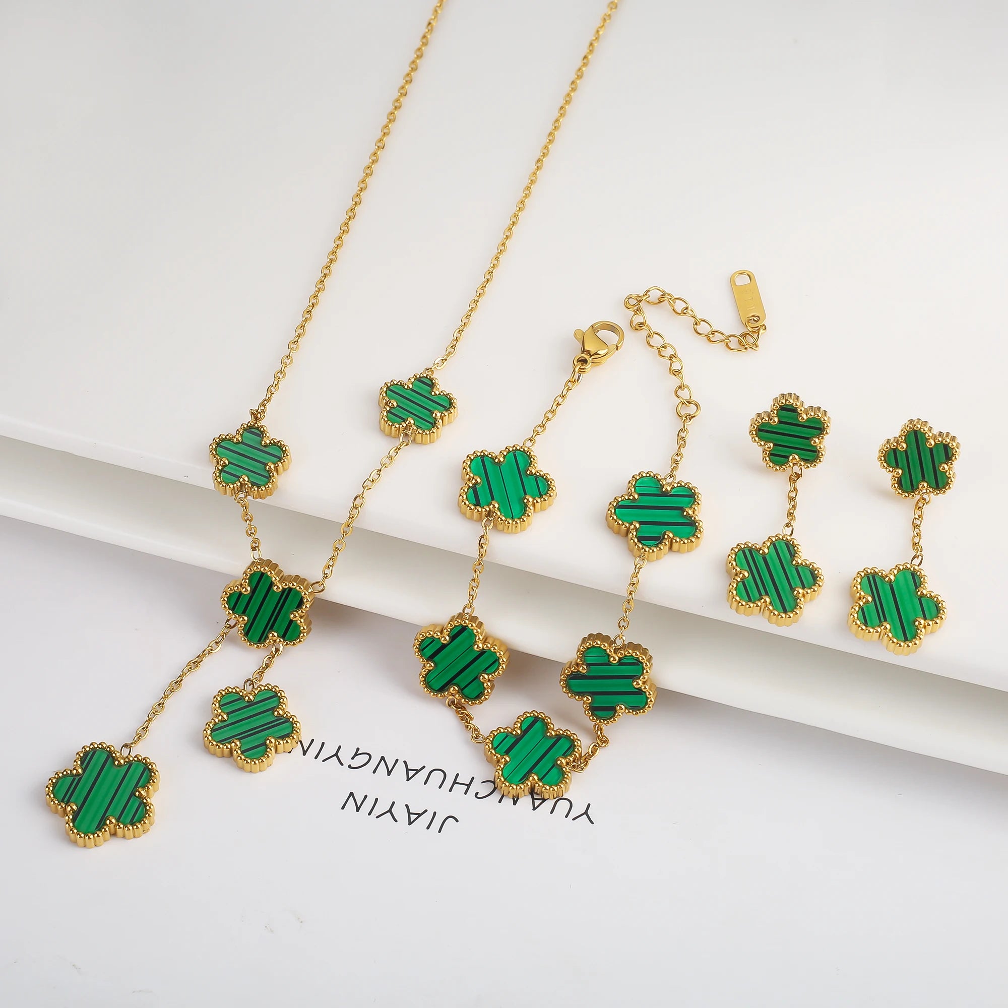 18k Gold Plated Clover Jewelry Set - Necklace Earrings Bracelet