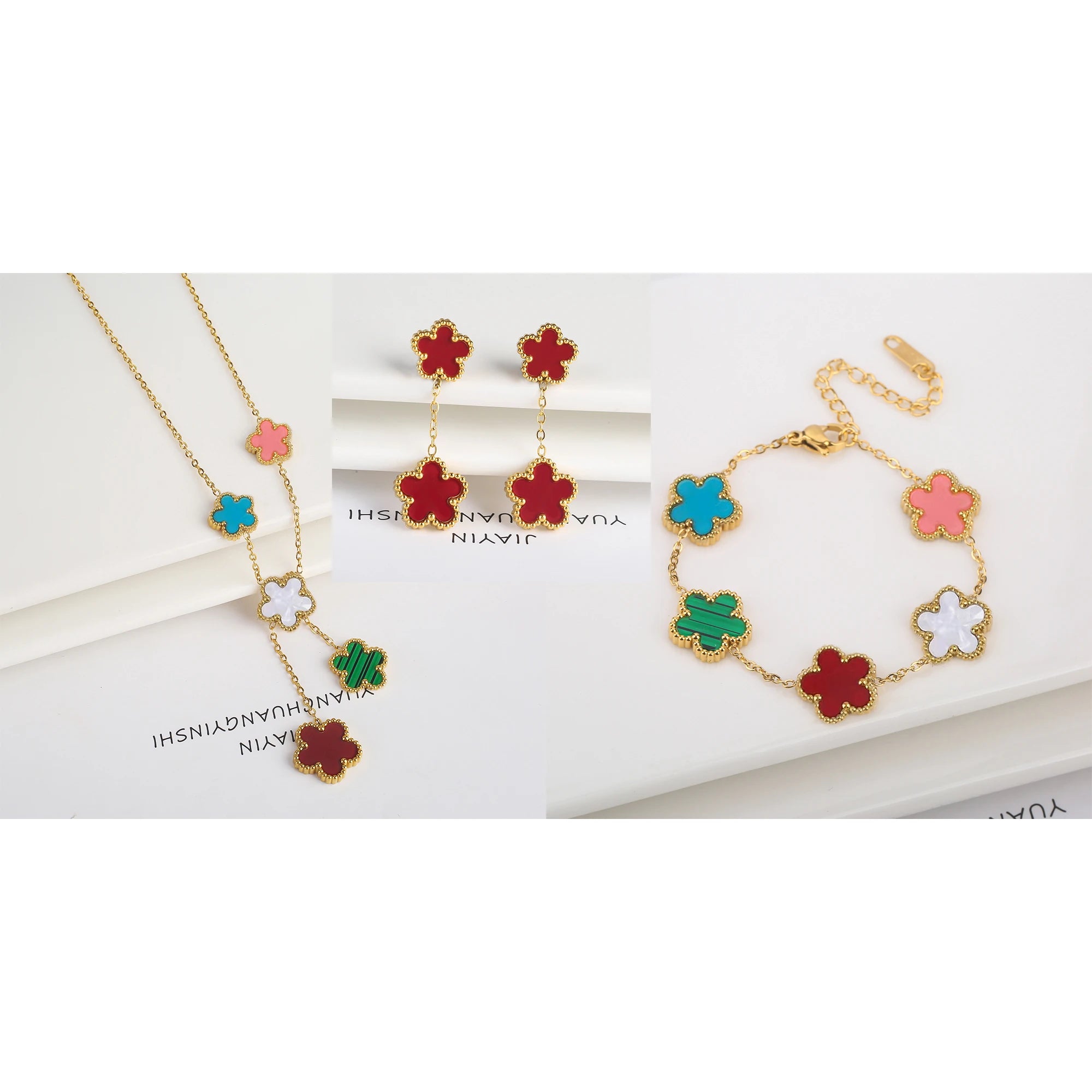18k Gold Plated Clover Jewelry Set - Necklace Earrings Bracelet