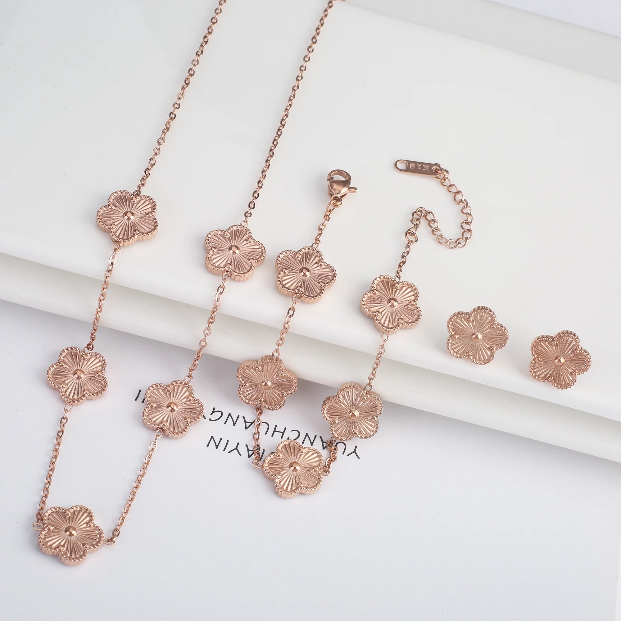 18k Gold Plated Clover Jewelry Set - Necklace Earrings Bracelet