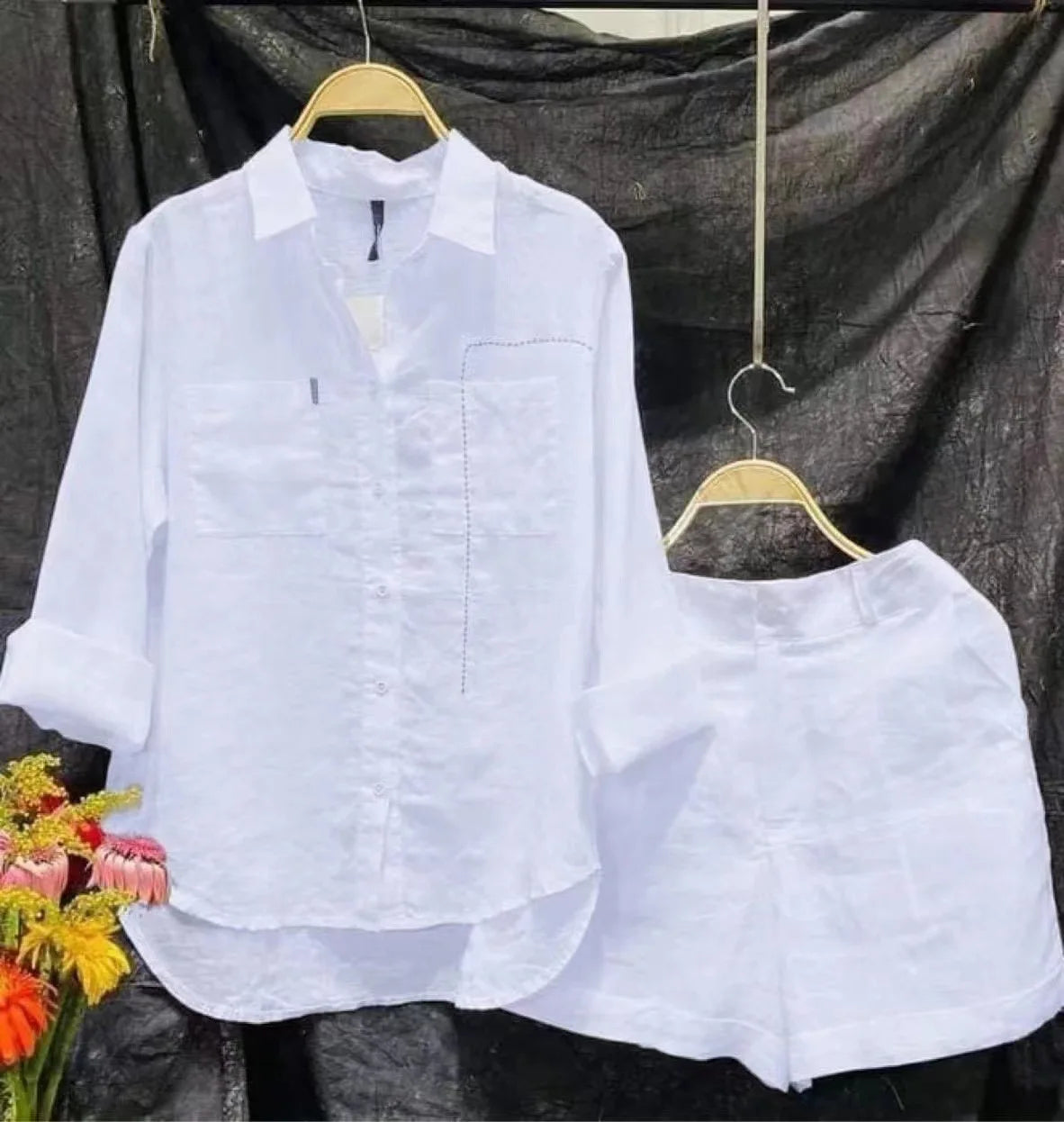 Fashion White Long Sleeve Shirt And Shorts Two Piece Sets Outfit Summer Cotton Linen Casual Home 2 Piece Set For Women Suits