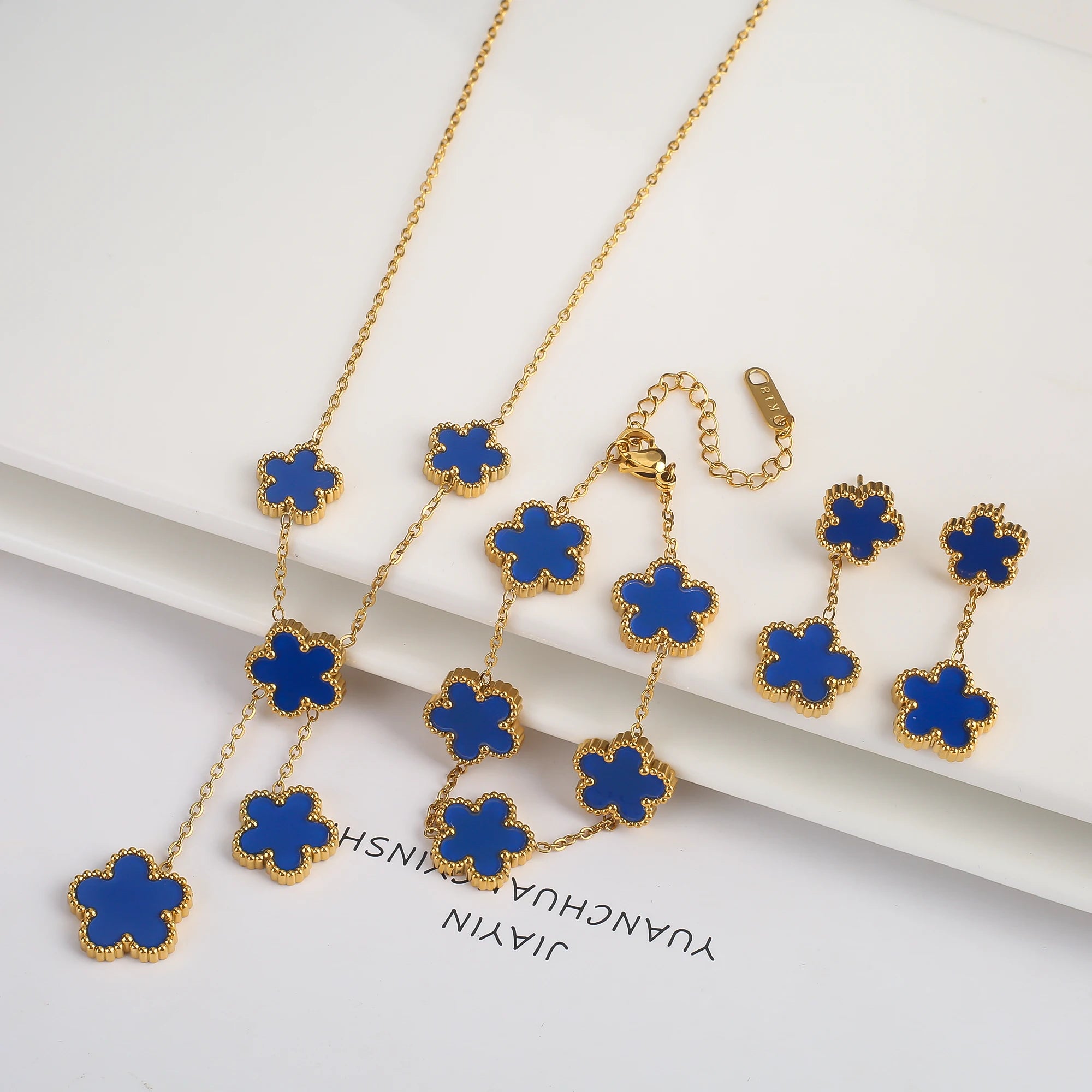 18k Gold Plated Clover Jewelry Set - Necklace Earrings Bracelet