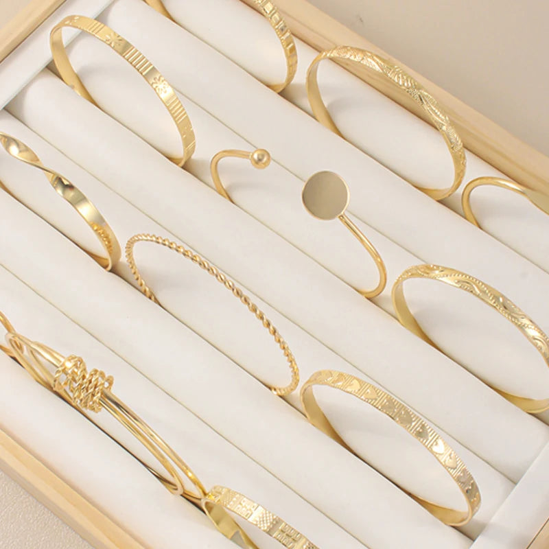 12 Pcs/Set Trendy Multilayer Open Bangles Set for Women Punk Gold Color Geometric Delicate Twist Bracelets Wedding Jewelry Gifts