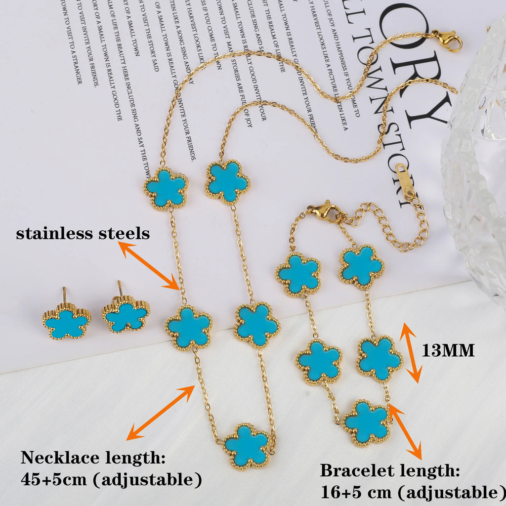 18k Gold Plated Clover Jewelry Set - Necklace Earrings Bracelet