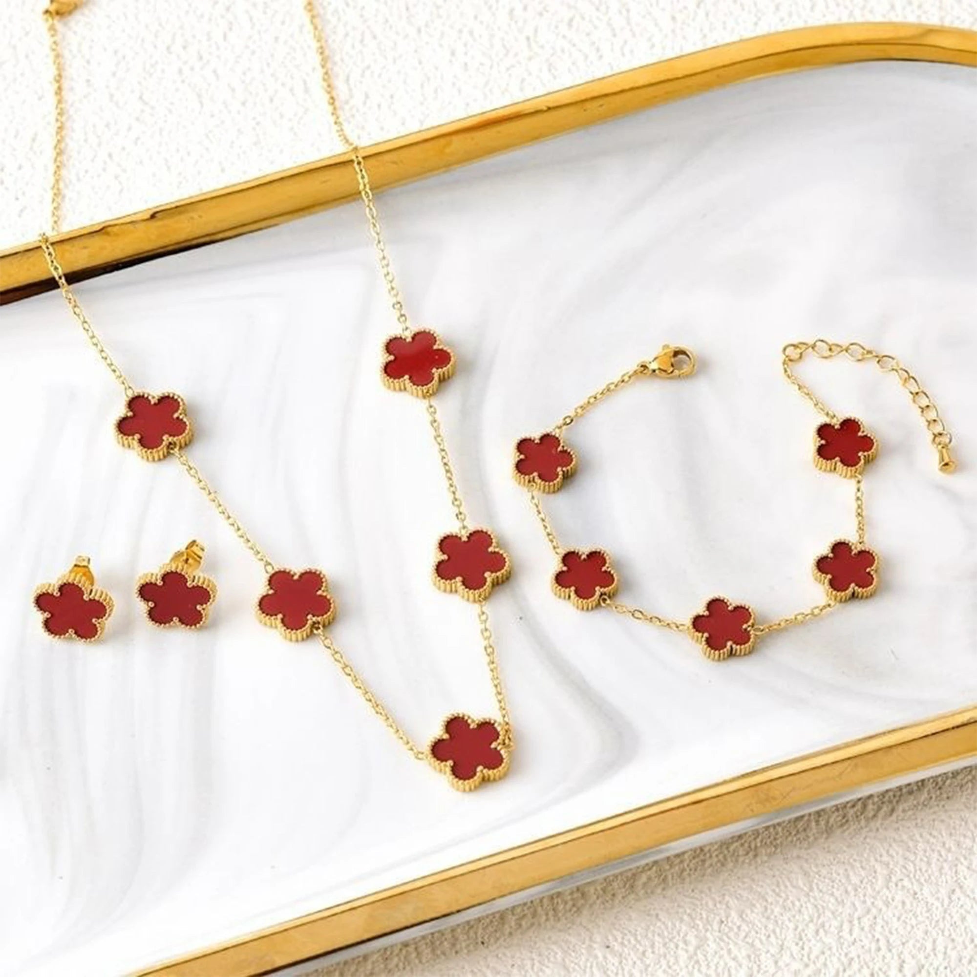 18k Gold Plated Clover Jewelry Set - Necklace Earrings Bracelet