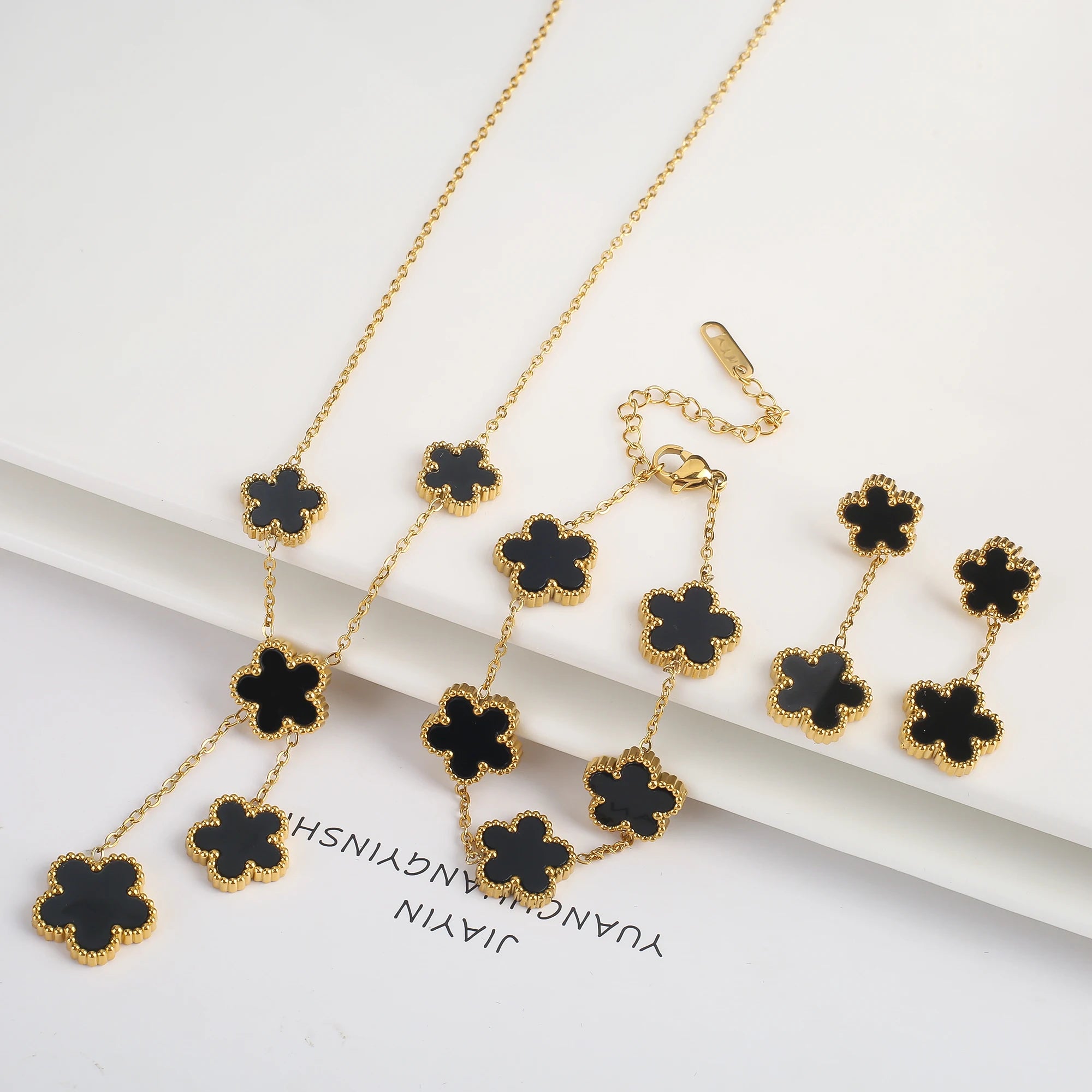 18k Gold Plated Clover Jewelry Set - Necklace Earrings Bracelet