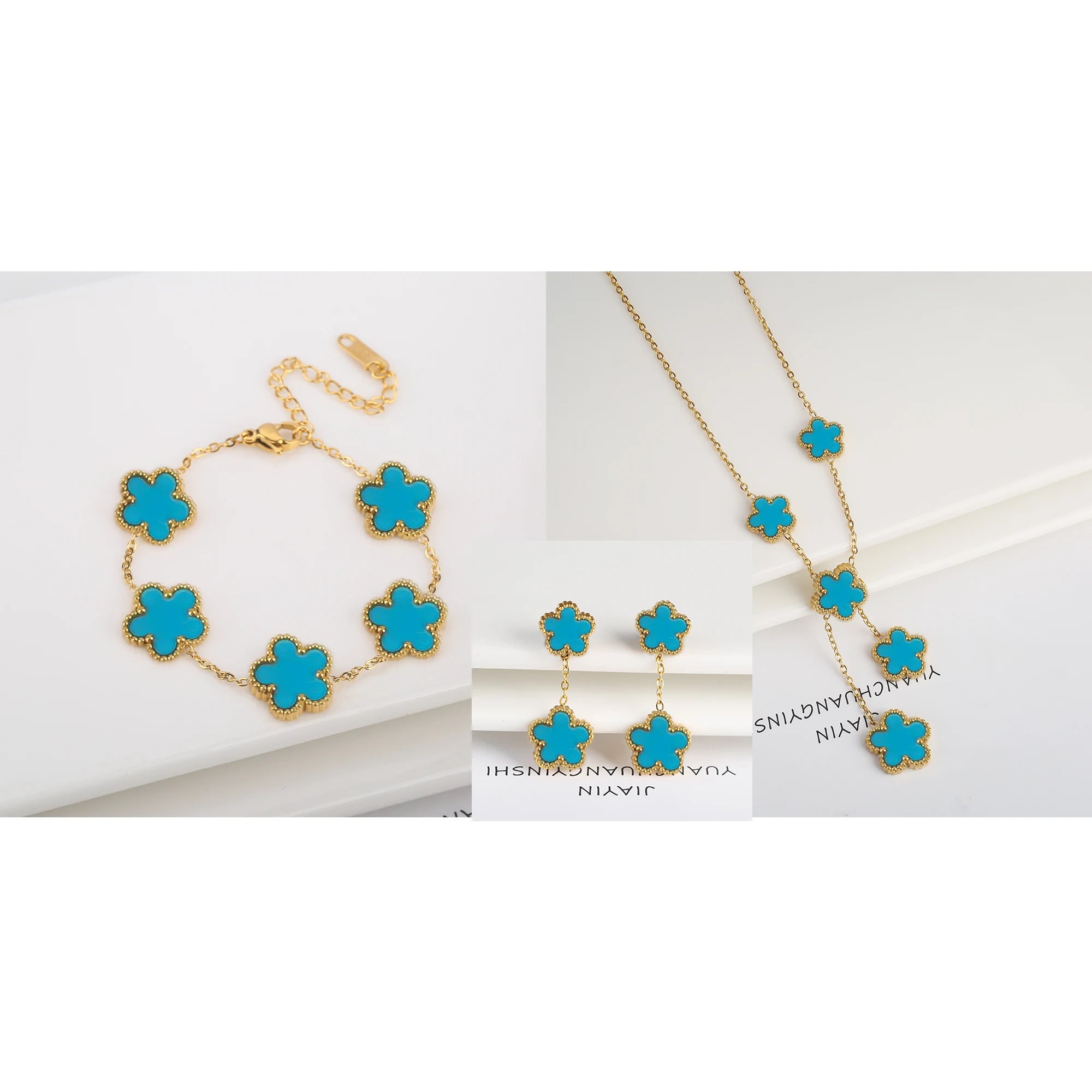18k Gold Plated Clover Jewelry Set - Necklace Earrings Bracelet