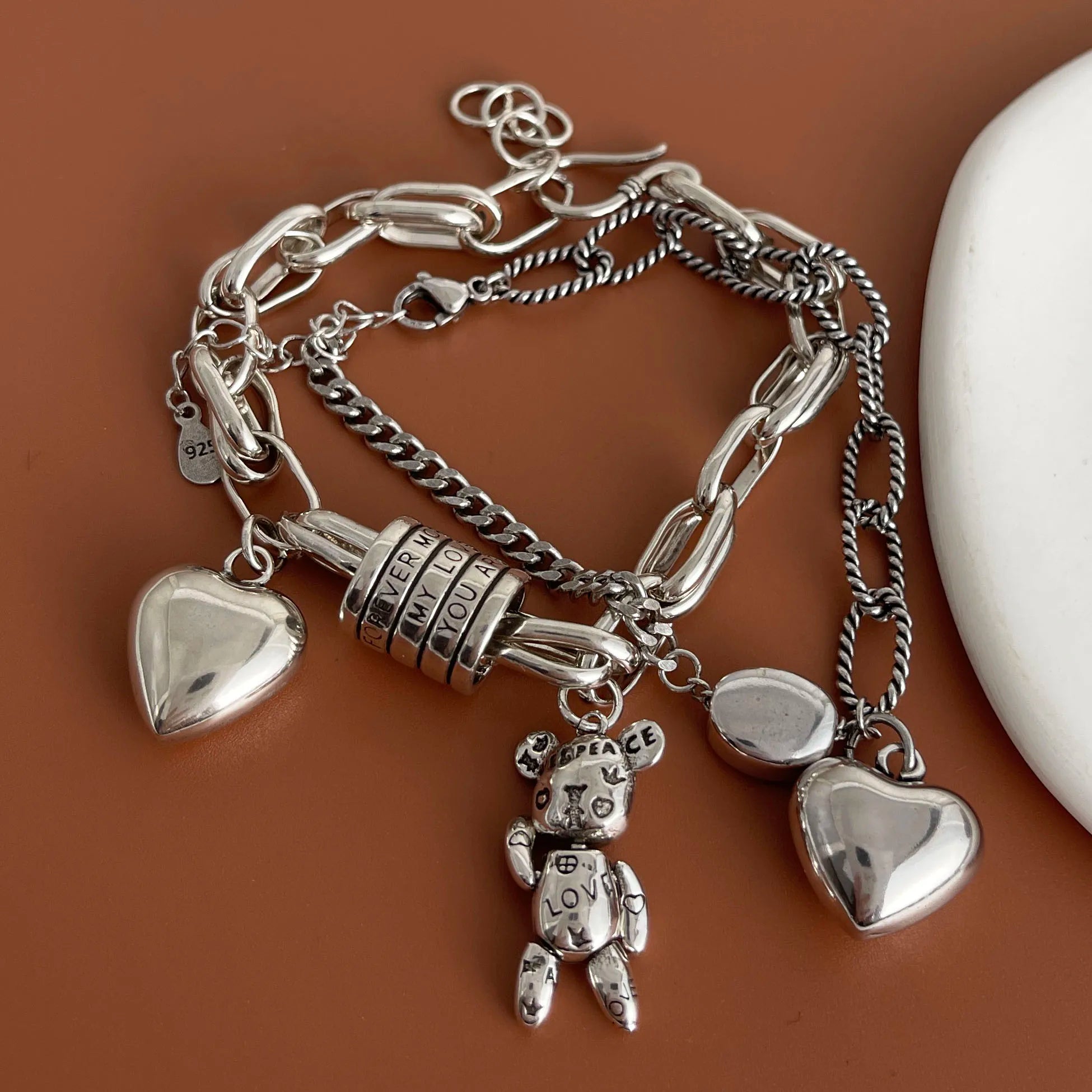 100% Solid 925 Sterling Silver Retro Bracelet for Women Men Vintage Handmade Heart Bracelet Birthday Gift