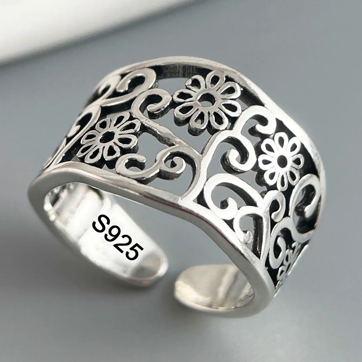 925 Sterling Silver Rings for Women Couple Minimalist Handmade Simple Hollow Flower Ring Fine Jewelry Gift Prevent Allergy