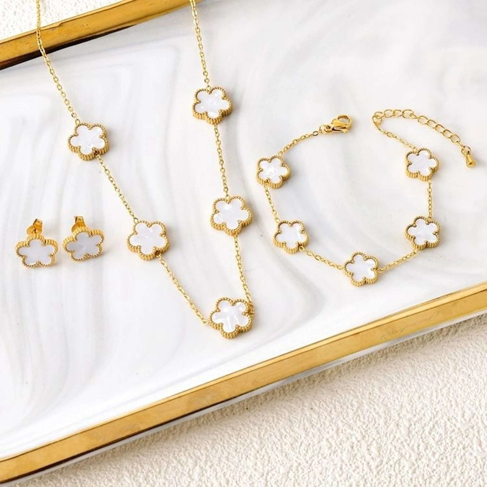 18k Gold Plated Clover Jewelry Set - Necklace Earrings Bracelet
