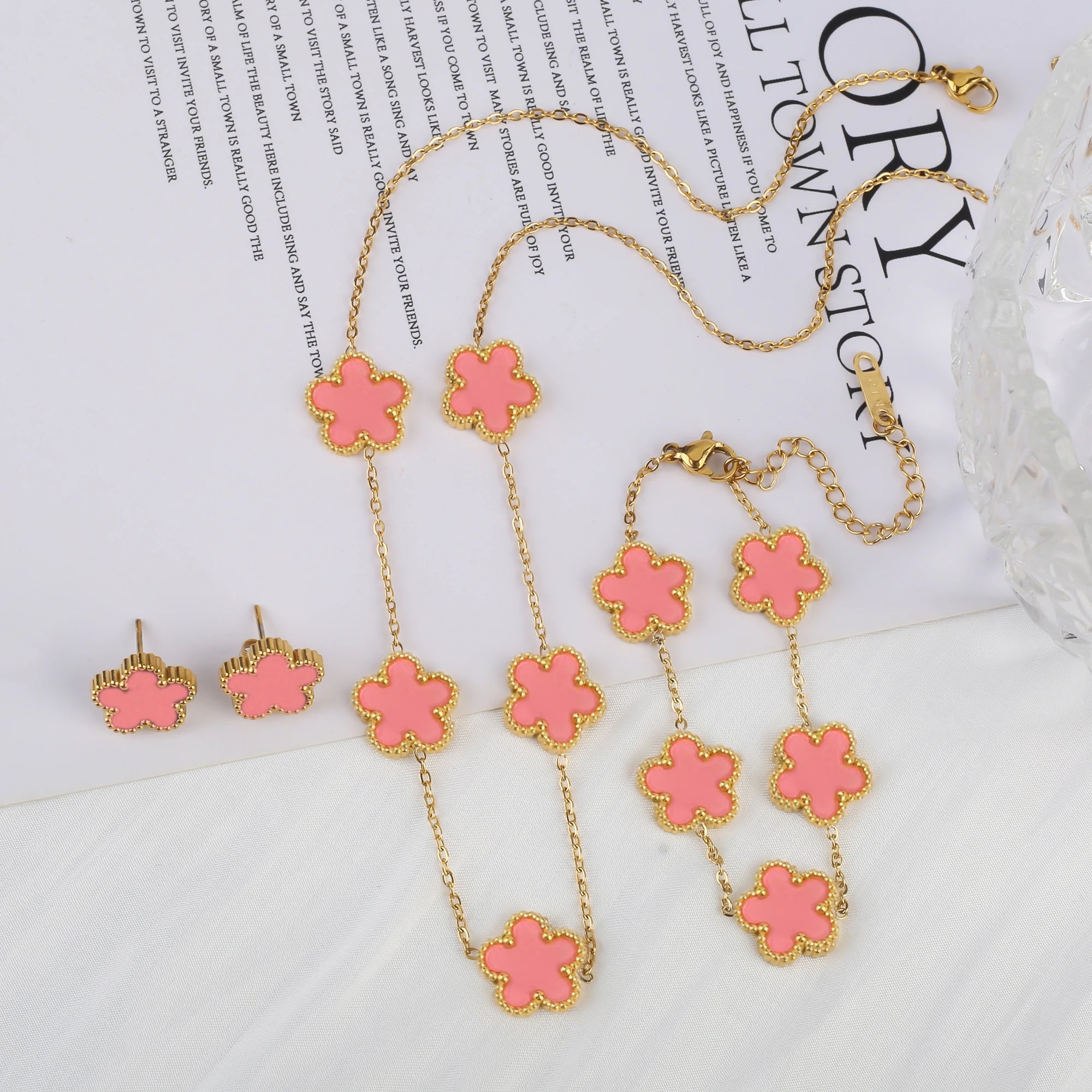 18k Gold Plated Clover Jewelry Set - Necklace Earrings Bracelet