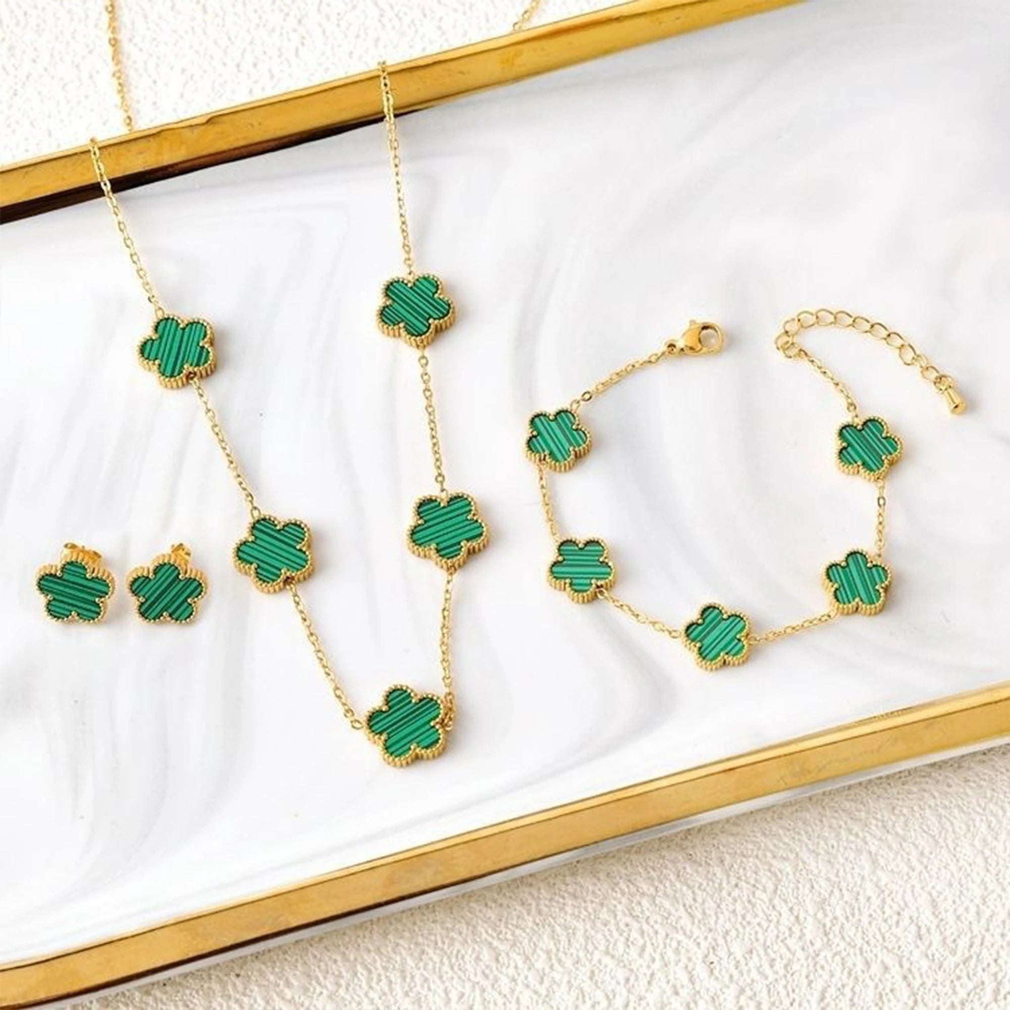 18k Gold Plated Clover Jewelry Set - Necklace Earrings Bracelet