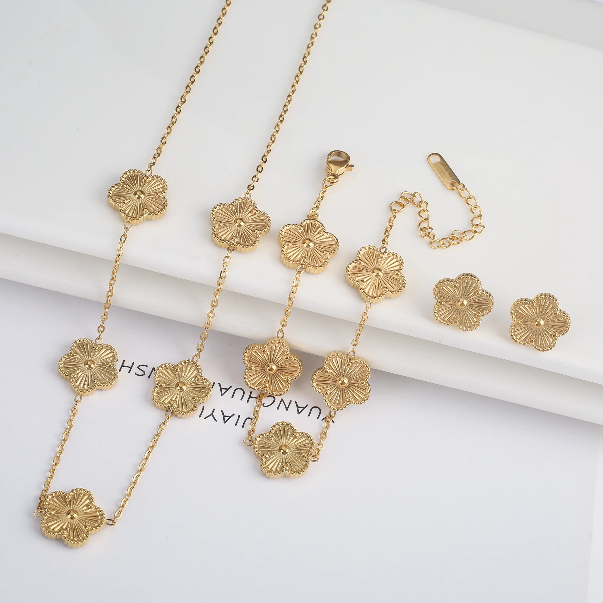 18k Gold Plated Clover Jewelry Set - Necklace Earrings Bracelet