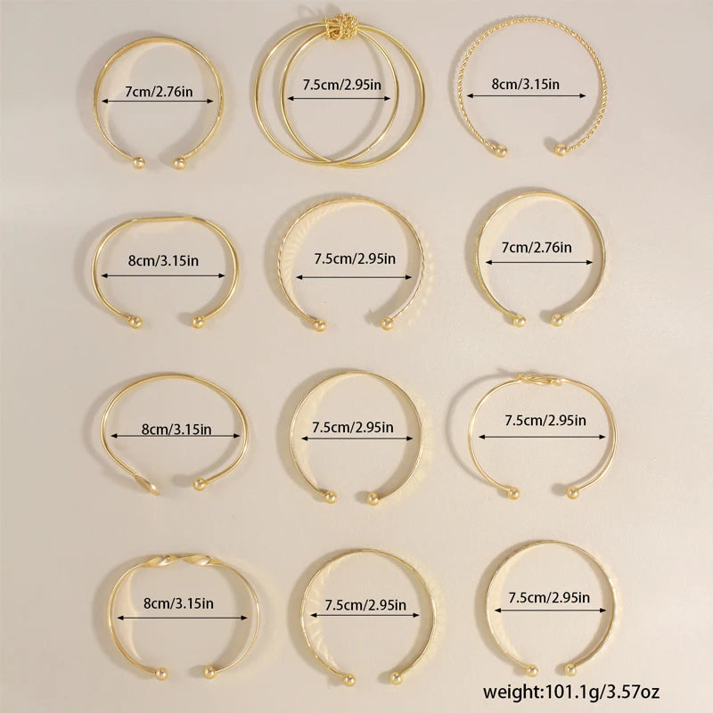 12 Pcs/Set Trendy Multilayer Open Bangles Set for Women Punk Gold Color Geometric Delicate Twist Bracelets Wedding Jewelry Gifts