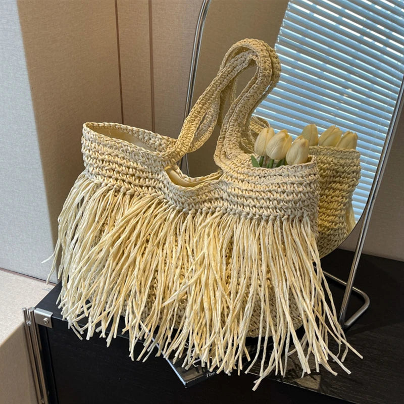 Casual Tassel Woven Women Shoulder Bags Handmade Fringe Lady Handbags Summer Beach Large Tote Bag Shopper Purse for Vacation