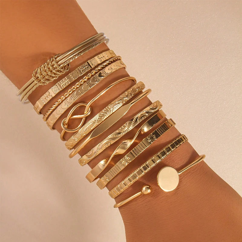 12 Pcs/Set Trendy Multilayer Open Bangles Set for Women Punk Gold Color Geometric Delicate Twist Bracelets Wedding Jewelry Gifts