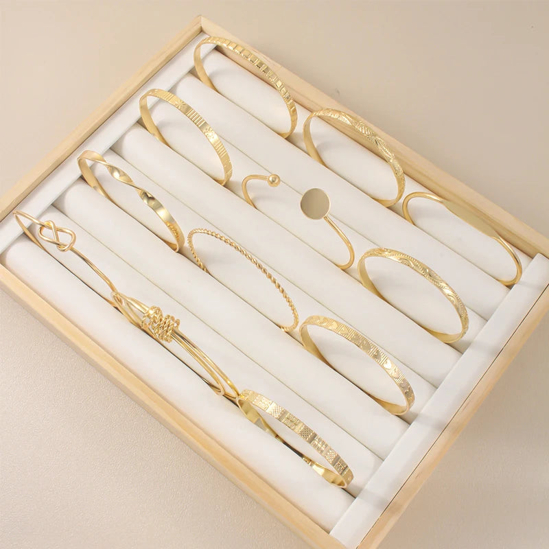 12 Pcs/Set Trendy Multilayer Open Bangles Set for Women Punk Gold Color Geometric Delicate Twist Bracelets Wedding Jewelry Gifts