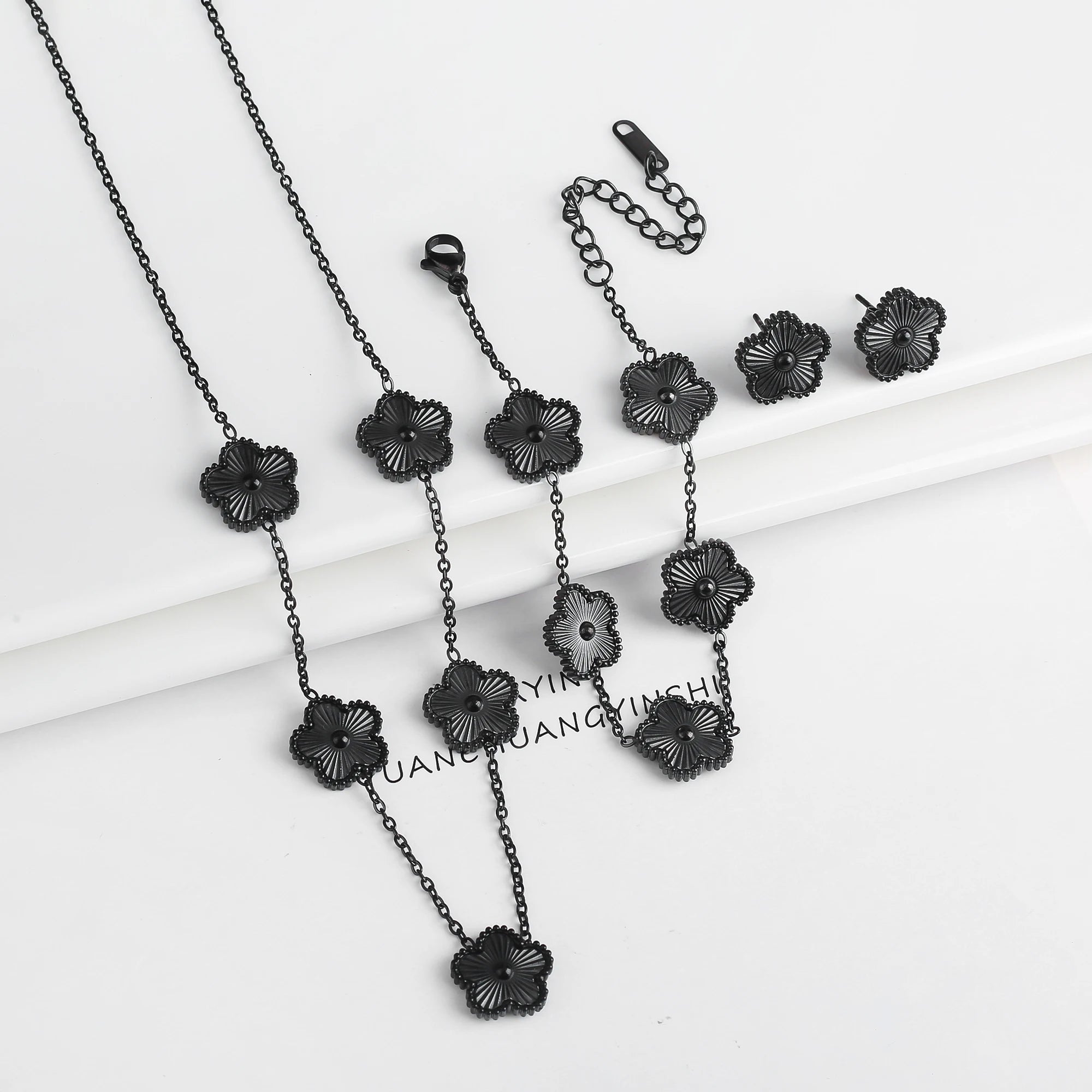 18k Gold Plated Clover Jewelry Set - Necklace Earrings Bracelet