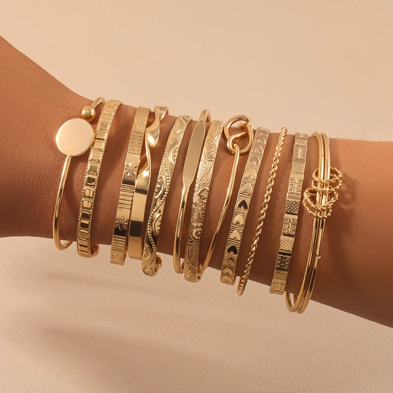 12 Pcs/Set Trendy Multilayer Open Bangles Set for Women Punk Gold Color Geometric Delicate Twist Bracelets Wedding Jewelry Gifts
