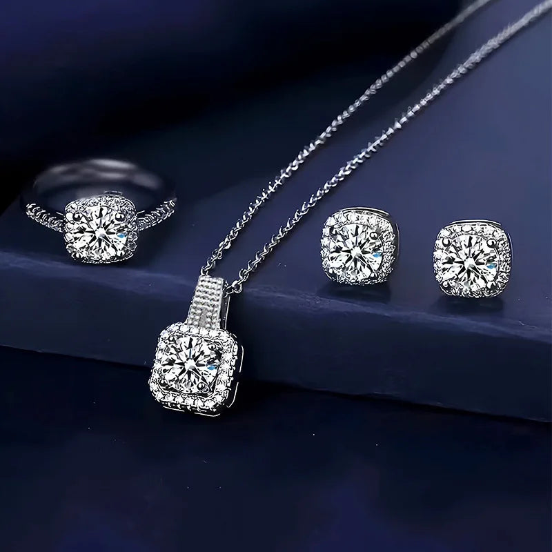 3pcs Set Luxury Brand Shiny Geometric Square Zircon Necklace Earring Rings for Women Charm Fashion Jewelry Set Anniversary Gift