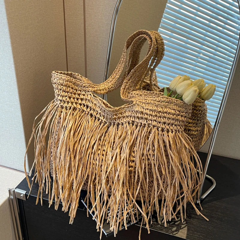 Casual Tassel Woven Women Shoulder Bags Handmade Fringe Lady Handbags Summer Beach Large Tote Bag Shopper Purse for Vacation