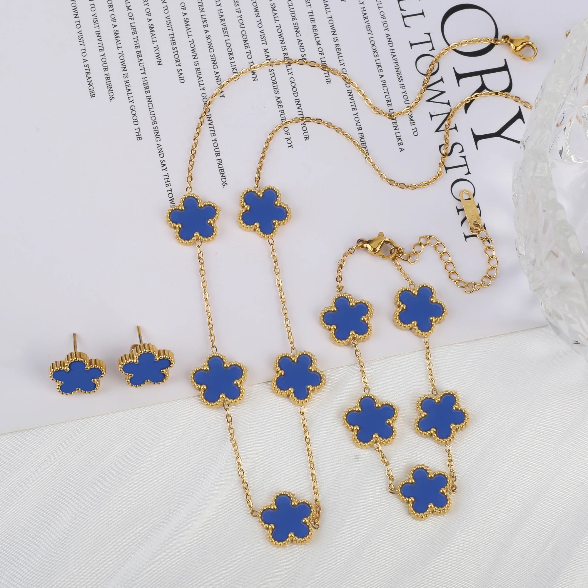 18k Gold Plated Clover Jewelry Set - Necklace Earrings Bracelet