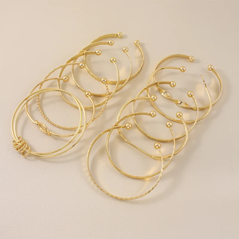 12 Pcs/Set Trendy Multilayer Open Bangles Set for Women Punk Gold Color Geometric Delicate Twist Bracelets Wedding Jewelry Gifts