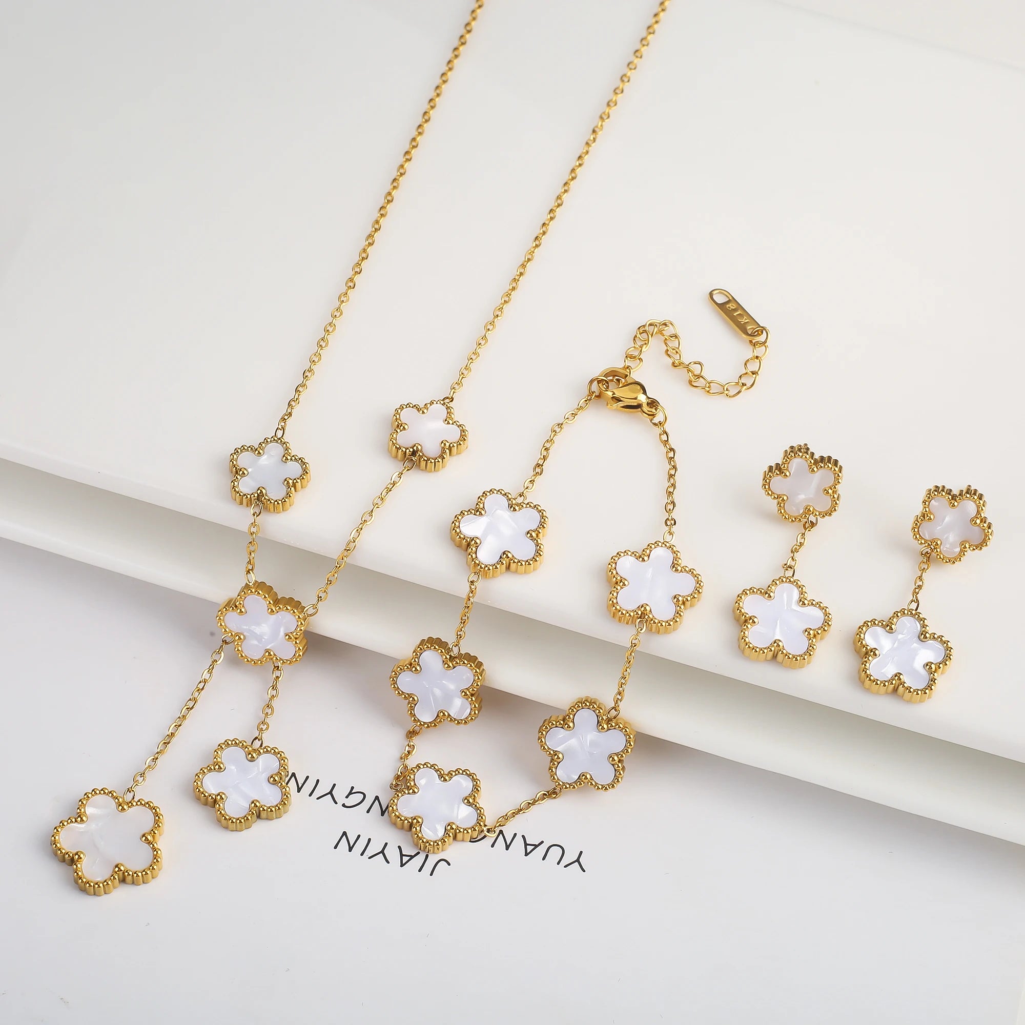 18k Gold Plated Clover Jewelry Set - Necklace Earrings Bracelet